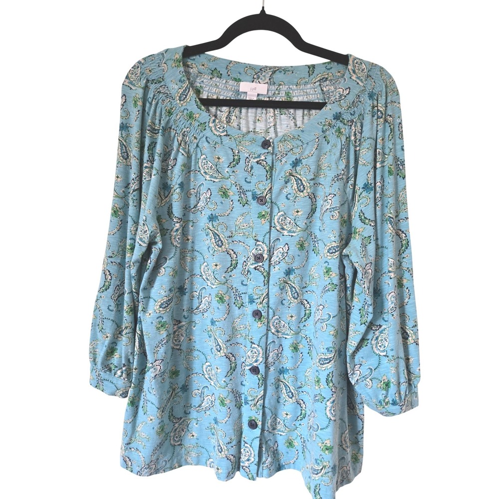 J. Jill Womens Blue Paisley Cotton Modal Knit Button Front Cardigan Size M